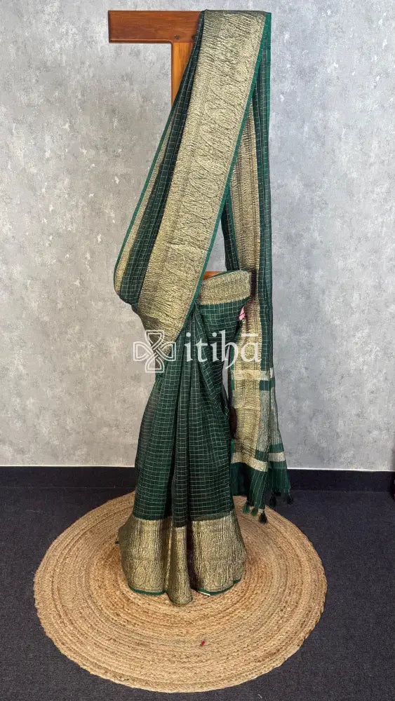 SILK ORGANZA ZARI CRUSH BANARASI SAREE - GREEN