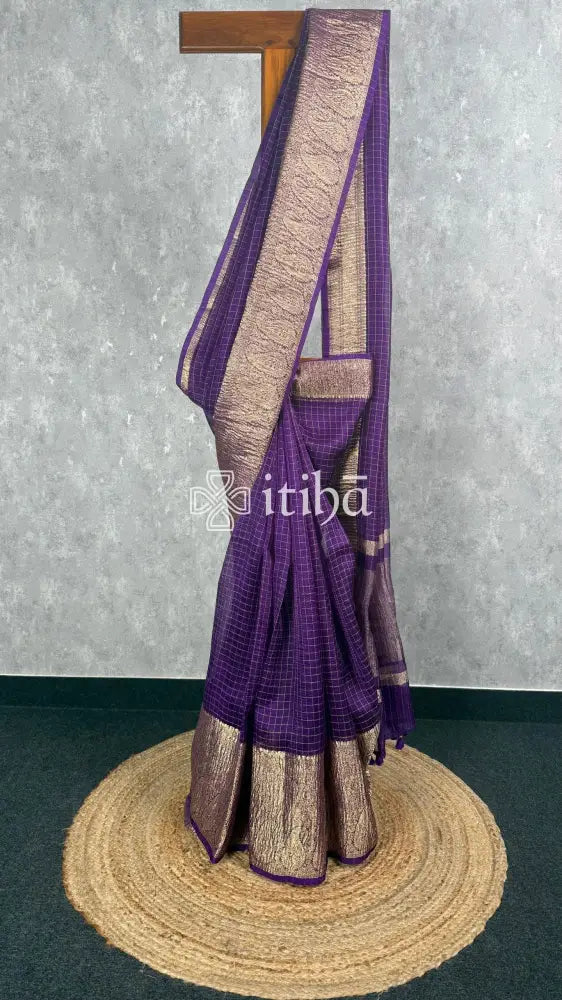 SILK ORGANZA ZARI CRUSH BANARASI SAREE - purple