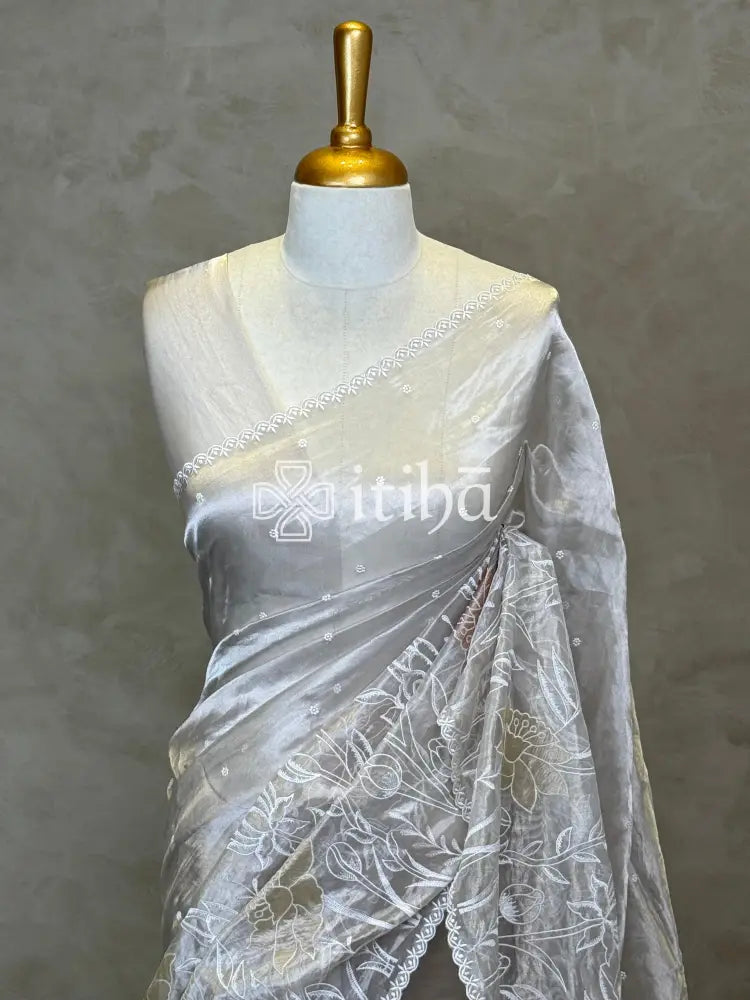 SILK TISSUE ORGANZA APPLIQUE EMBROIDERY SAREE