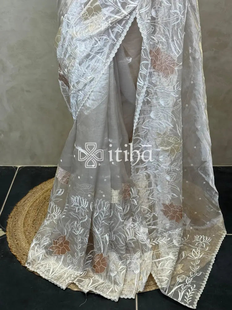 SILK TISSUE ORGANZA APPLIQUE EMBROIDERY SAREE