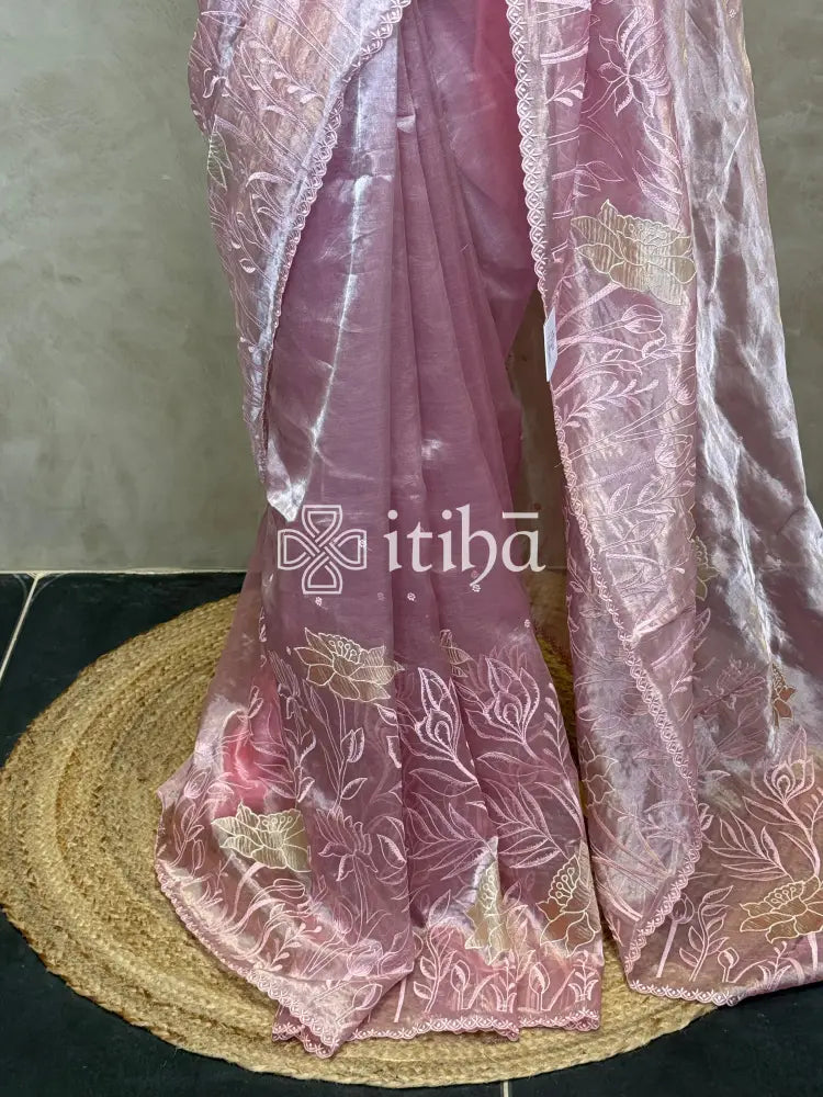SILK TISSUE ORGANZA APPLIQUE EMBROIDERY SAREE