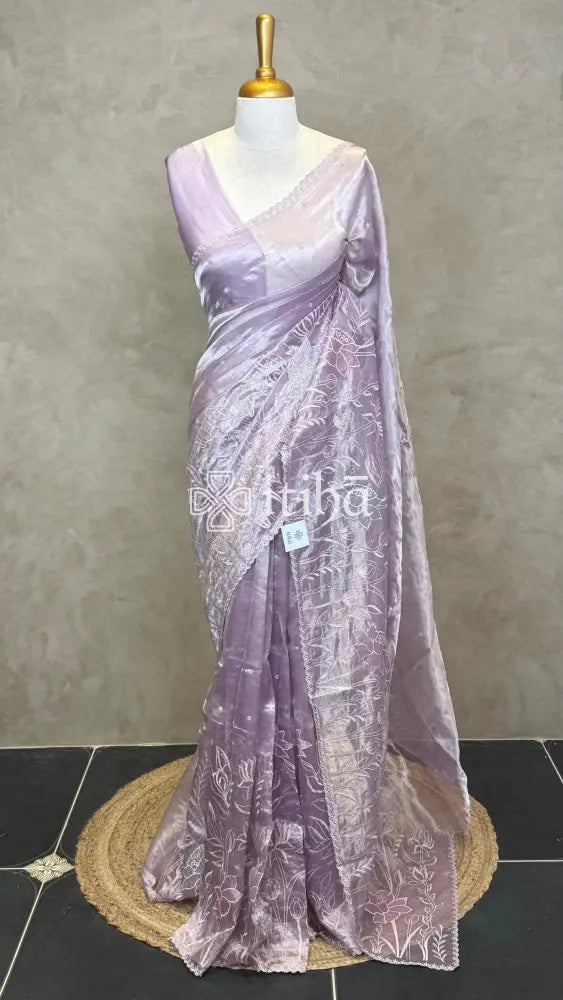 SILK TISSUE ORGANZA APPLIQUE EMBROIDERY SAREE - PASTEL LAVENDER