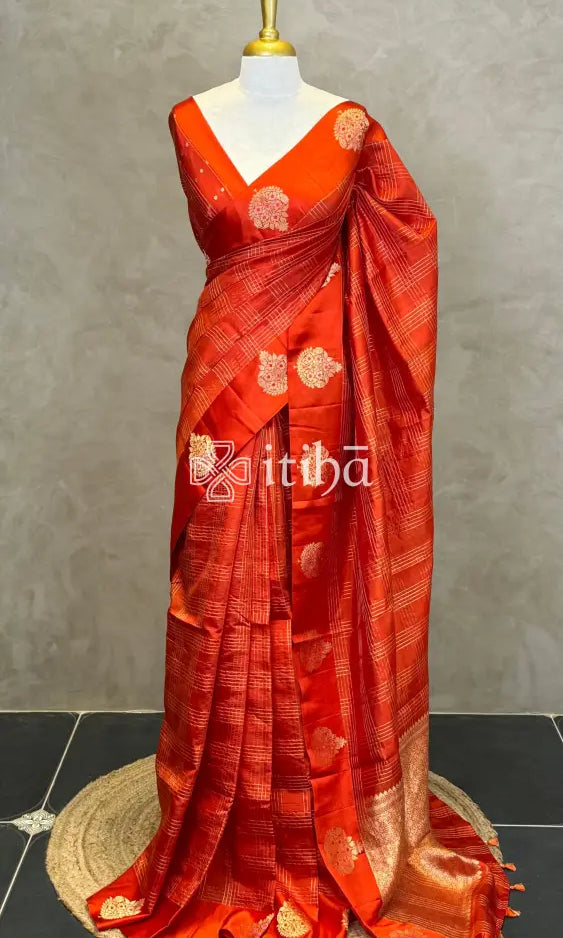 SOFT KATAN SILK MEENAKARI BANARASI SAREE - DEEP ORANGE