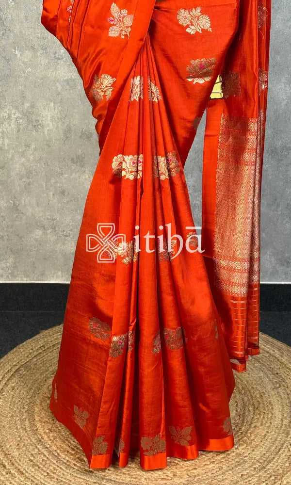 SOFT KATAN SILK SAREE - DEEP ORANGE