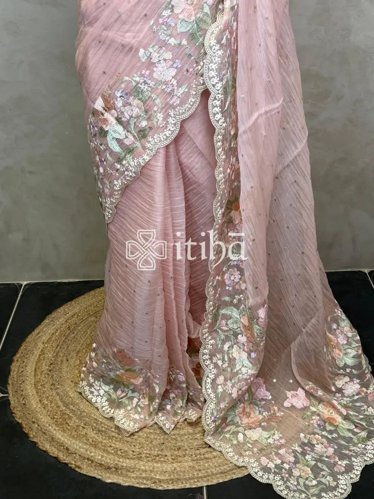 SOFT ORGANZA APPLIQUE EMBROIDERY SAREE