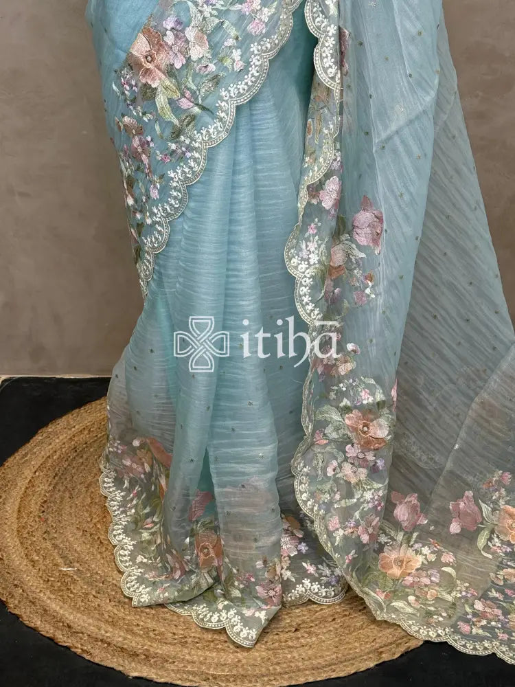 SOFT ORGANZA APPLIQUE EMBROIDERY SAREE