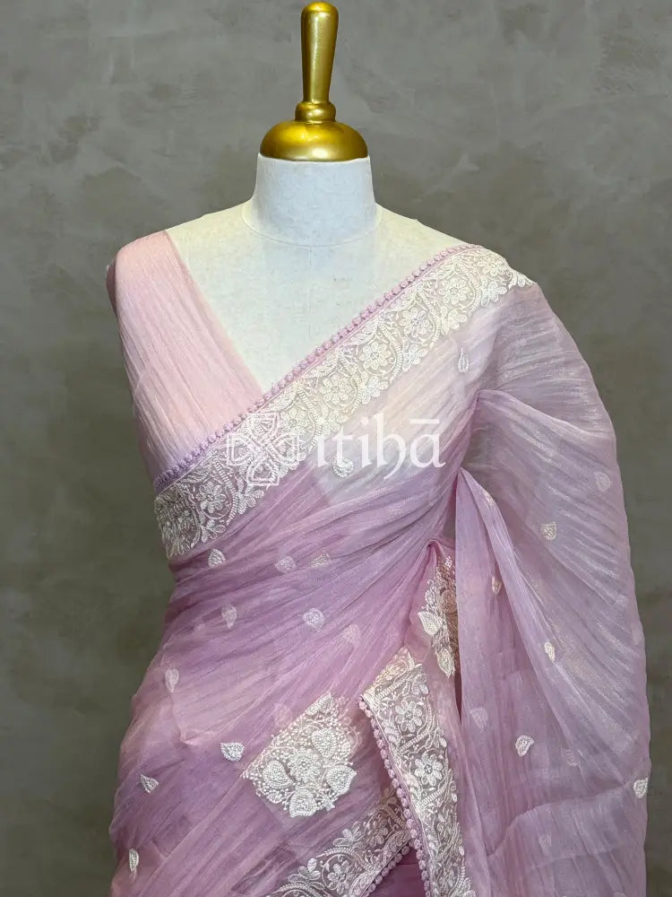 SOFT ORGANZA APPLIQUE EMBROIDERY SAREE