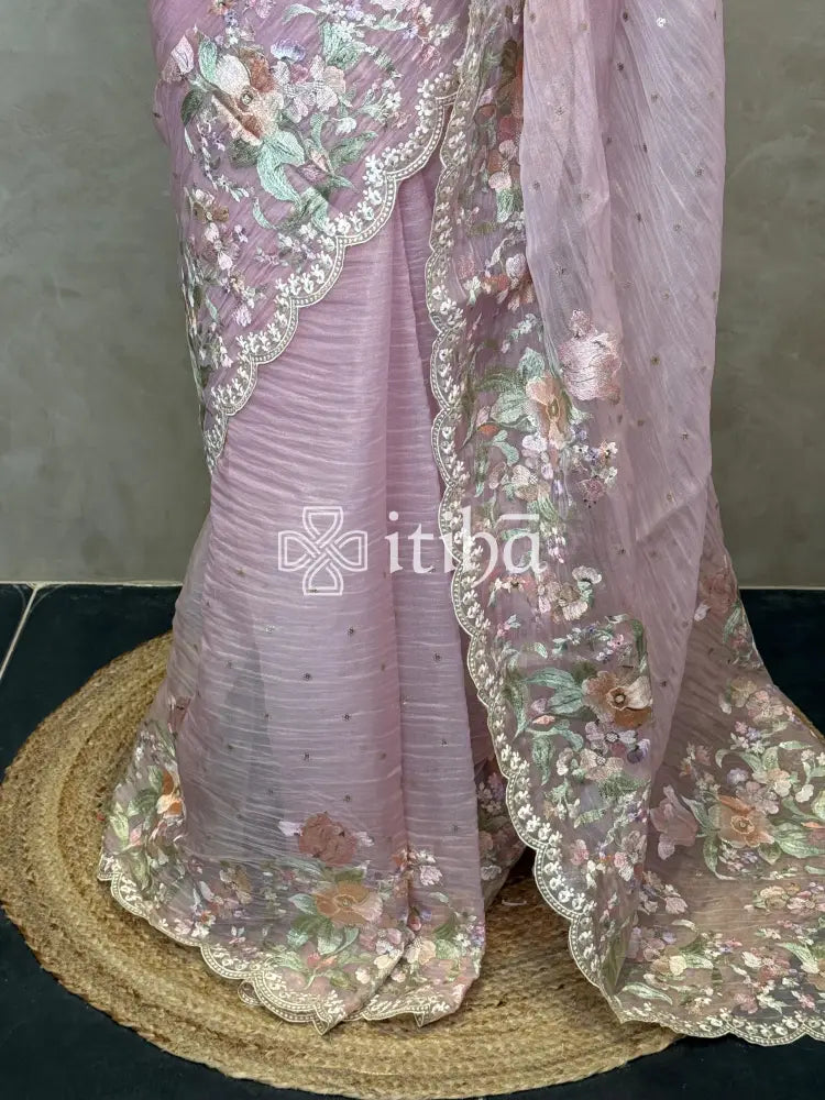 SOFT ORGANZA APPLIQUE EMBROIDERY SAREE