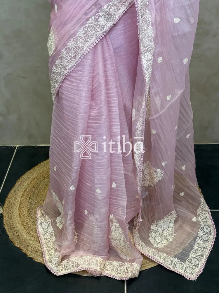 SOFT ORGANZA APPLIQUE EMBROIDERY SAREE