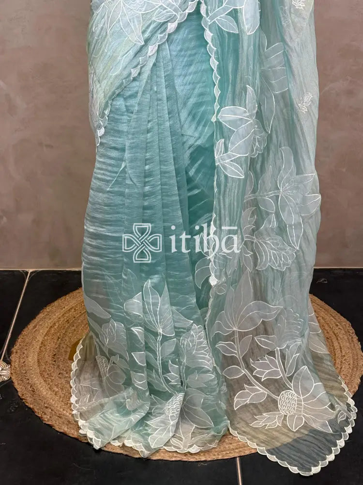 SOFT ORGANZA APPLIQUE EMBROIDERY SAREE