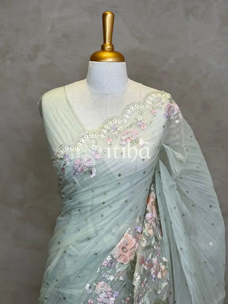 SOFT ORGANZA APPLIQUE EMBROIDERY SAREE
