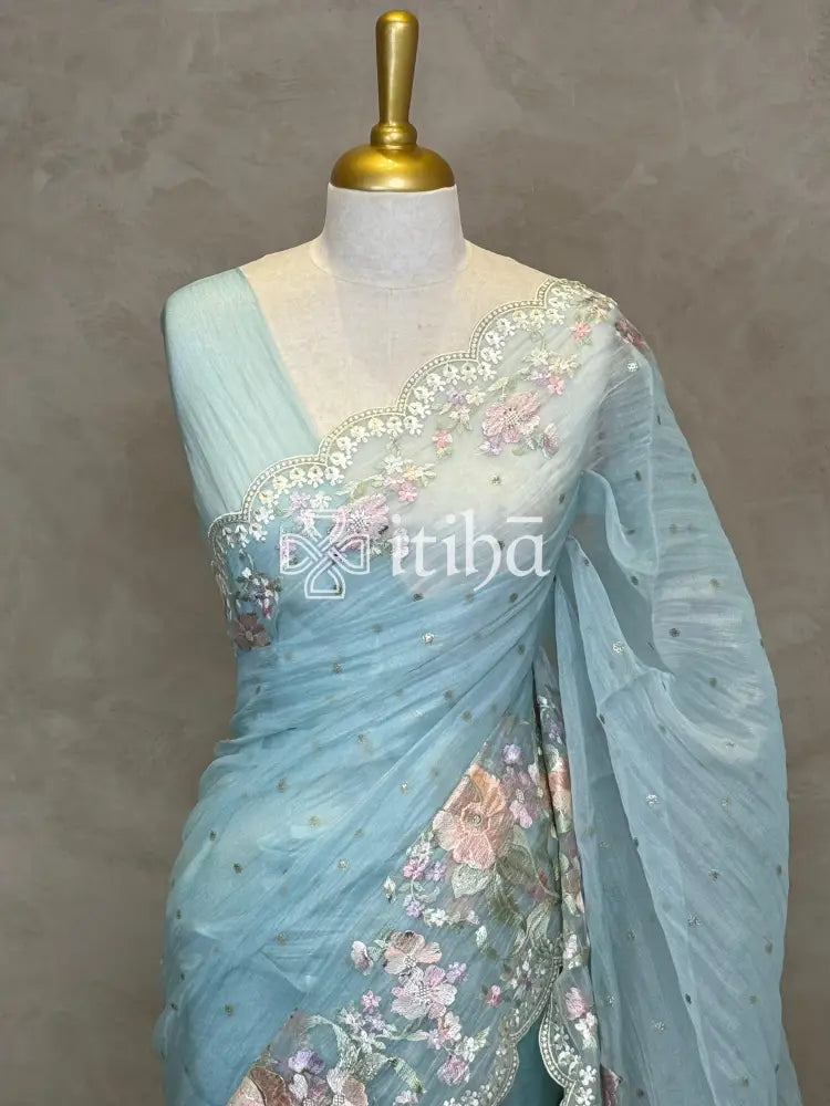 SOFT ORGANZA APPLIQUE EMBROIDERY SAREE