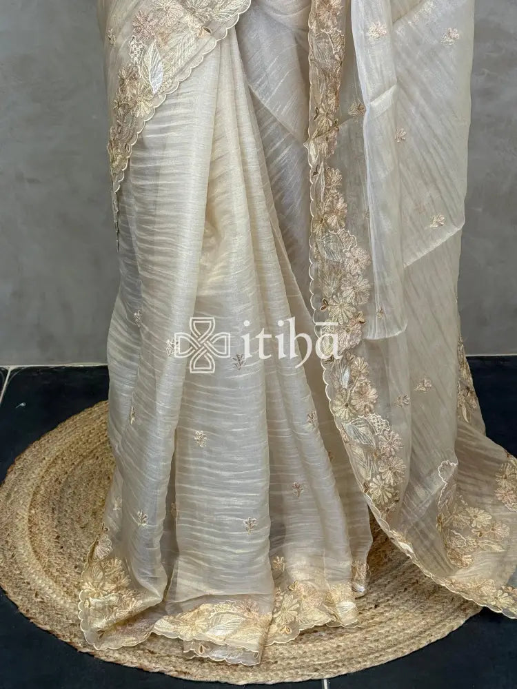 SOFT ORGANZA APPLIQUE EMBROIDERY SAREE