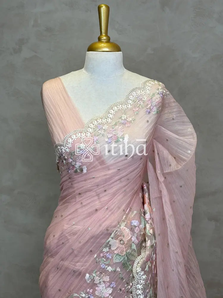 SOFT ORGANZA APPLIQUE EMBROIDERY SAREE