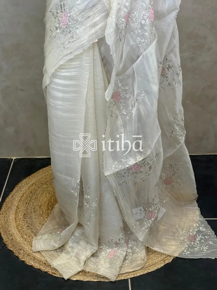 SOFT ORGANZA APPLIQUE EMBROIDERY SAREE