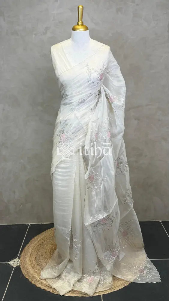 SOFT ORGANZA APPLIQUE EMBROIDERY SAREE