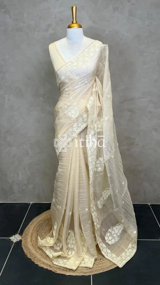 SOFT ORGANZA APPLIQUE EMBROIDERY SAREE - Beige