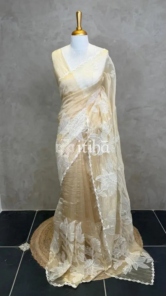 SOFT ORGANZA APPLIQUE EMBROIDERY SAREE - Beige