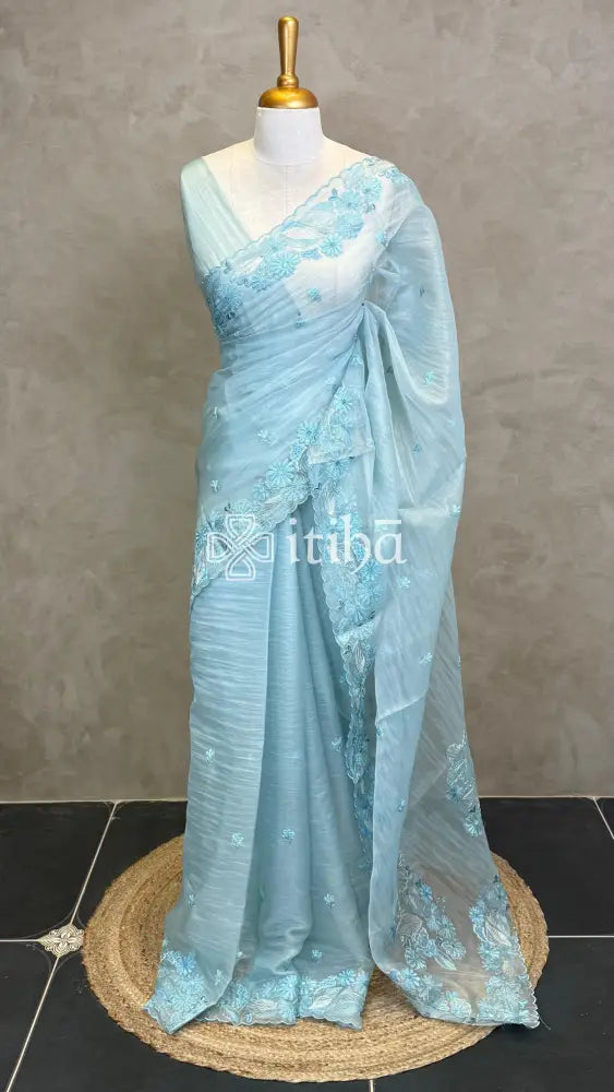 SOFT ORGANZA APPLIQUE EMBROIDERY SAREE - LIGHT BLUE