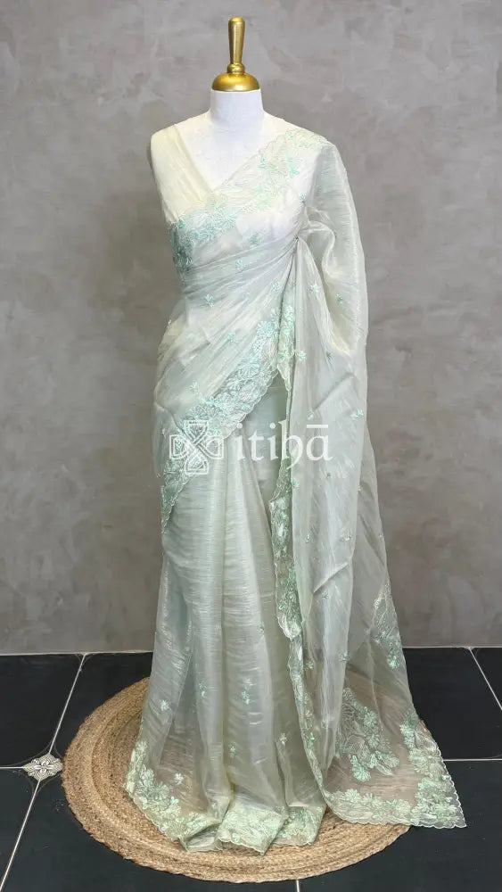 SOFT ORGANZA APPLIQUE EMBROIDERY SAREE - LIGHT GREEN