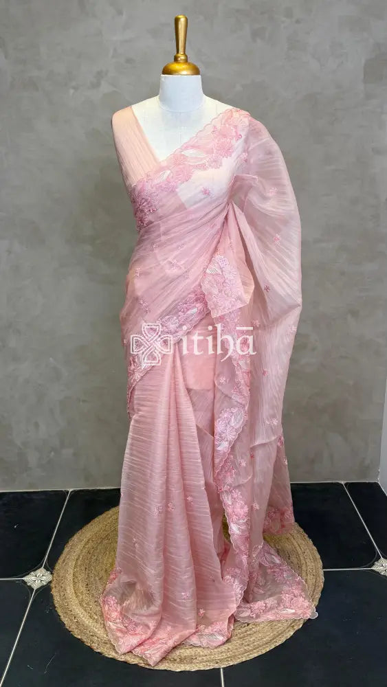SOFT ORGANZA APPLIQUE EMBROIDERY SAREE - PEACH