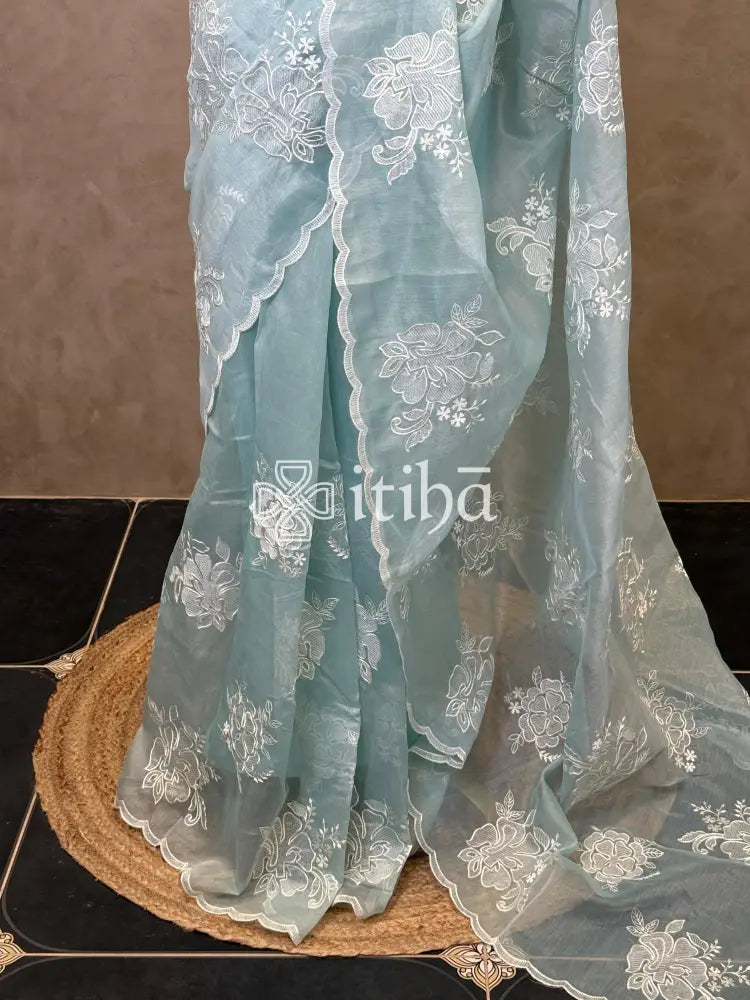 TISSUE CHANDERI APPLIQUE EMBROIDERY SAREE