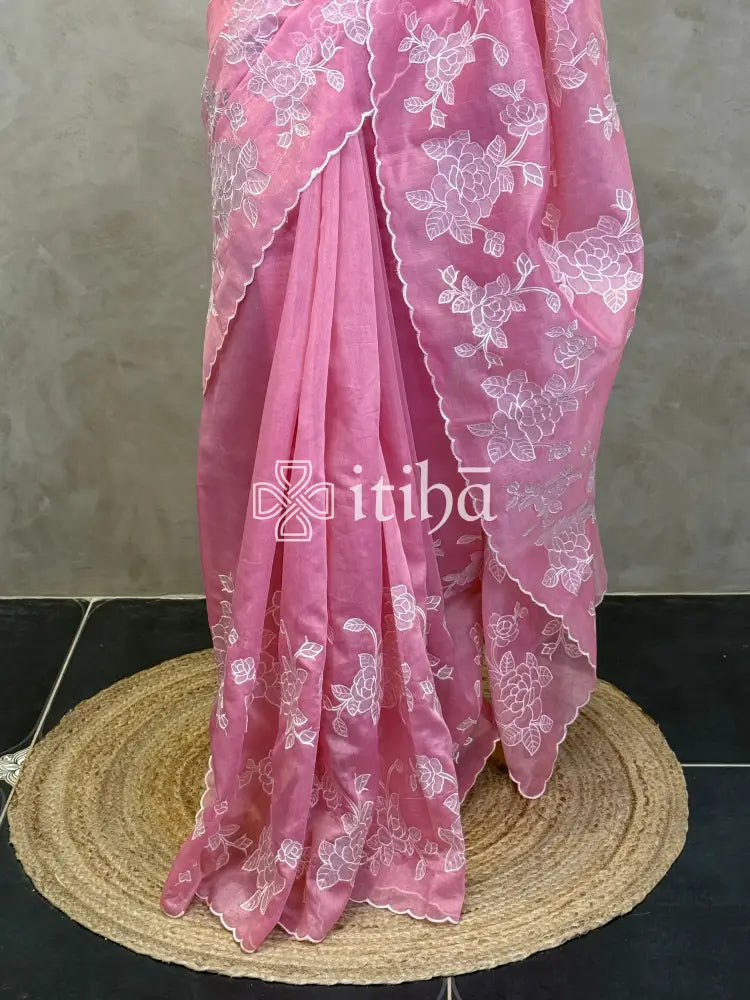 TISSUE CHANDERI APPLIQUE EMBROIDERY SAREE