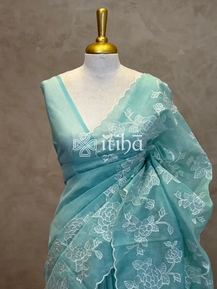 TISSUE CHANDERI APPLIQUE EMBROIDERY SAREE