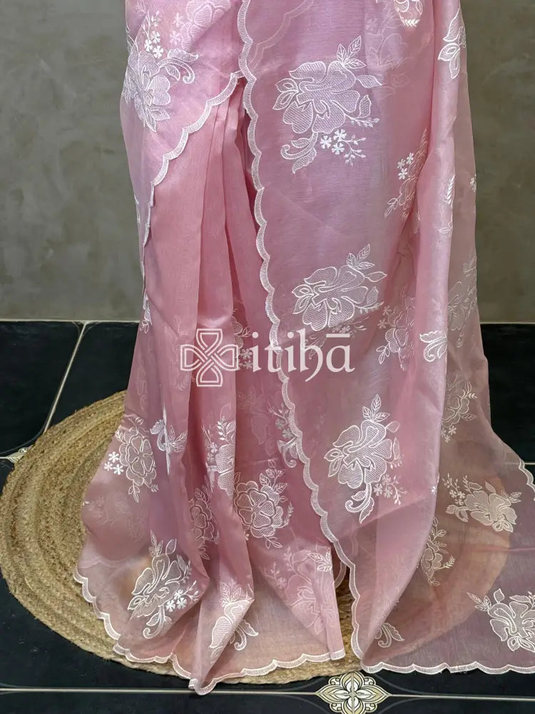 TISSUE CHANDERI APPLIQUE EMBROIDERY SAREE