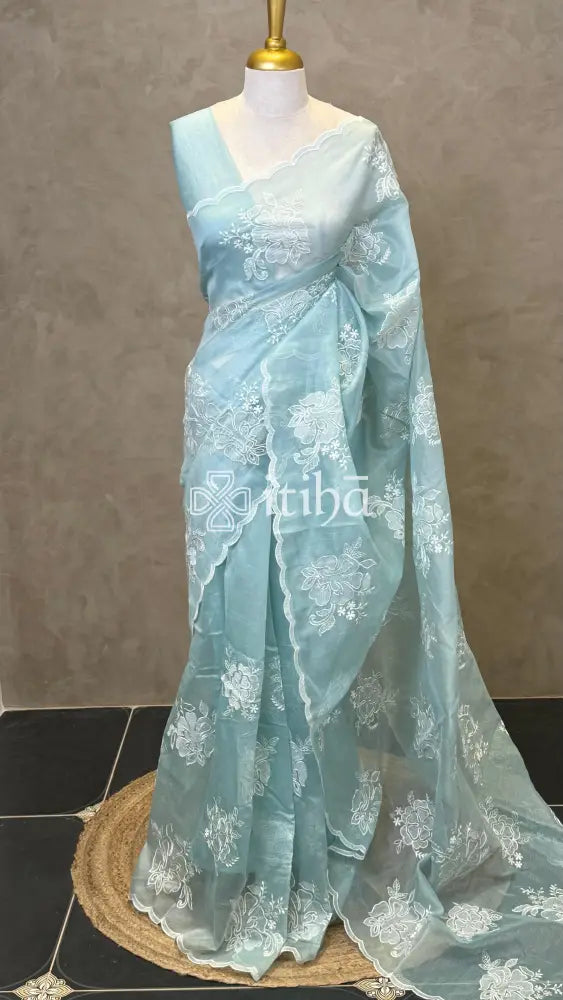 TISSUE CHANDERI APPLIQUE EMBROIDERY SAREE - LIGHT BLUE