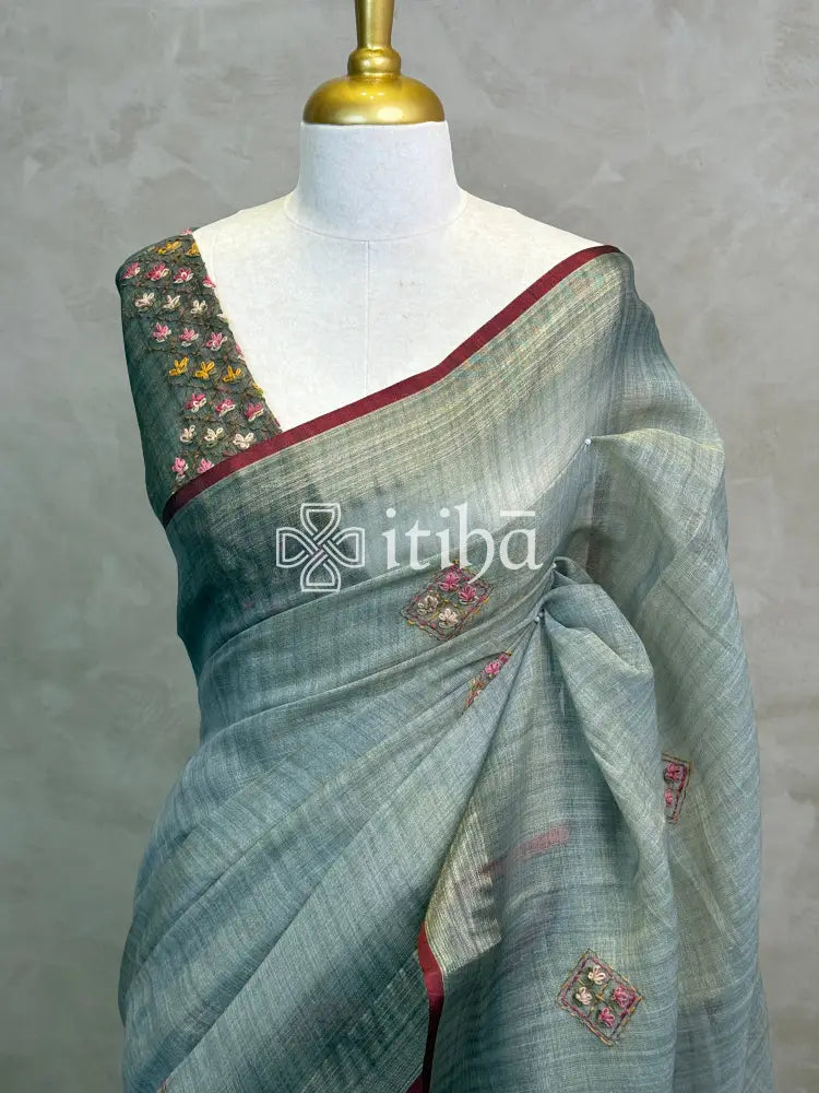 TISSUE LINEN EMBROIDERY SAREE