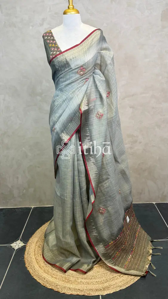 TISSUE LINEN EMBROIDERY SAREE
