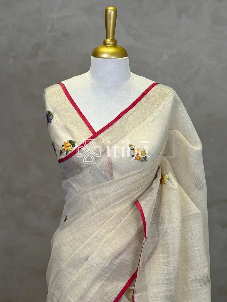 TISSUE LINEN EMBROIDERY SAREE - CREAM