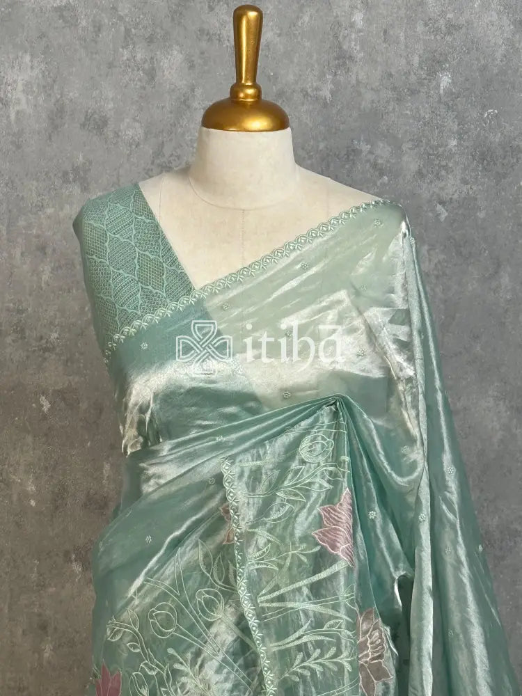 TISSUE ORGANZA APPLIQUE EMBROIDERY SAREE