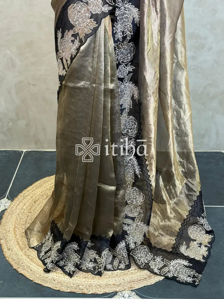 TISSUE ORGANZA FLORAL APPLIQUE EMBROIDERY SAREE