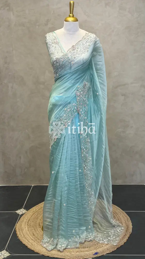TISSUE ORGANZA HANDWORK SAREE - AQUA BLUE