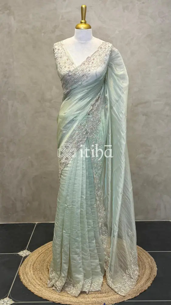TISSUE ORGANZA HANDWORK SAREE - PASTEL PISTA GREEN
