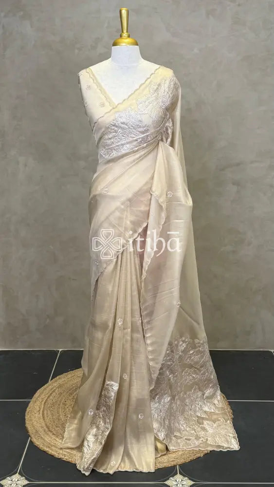 TURKISH APPLIQUE EMBROIDERY SAREE - Beige