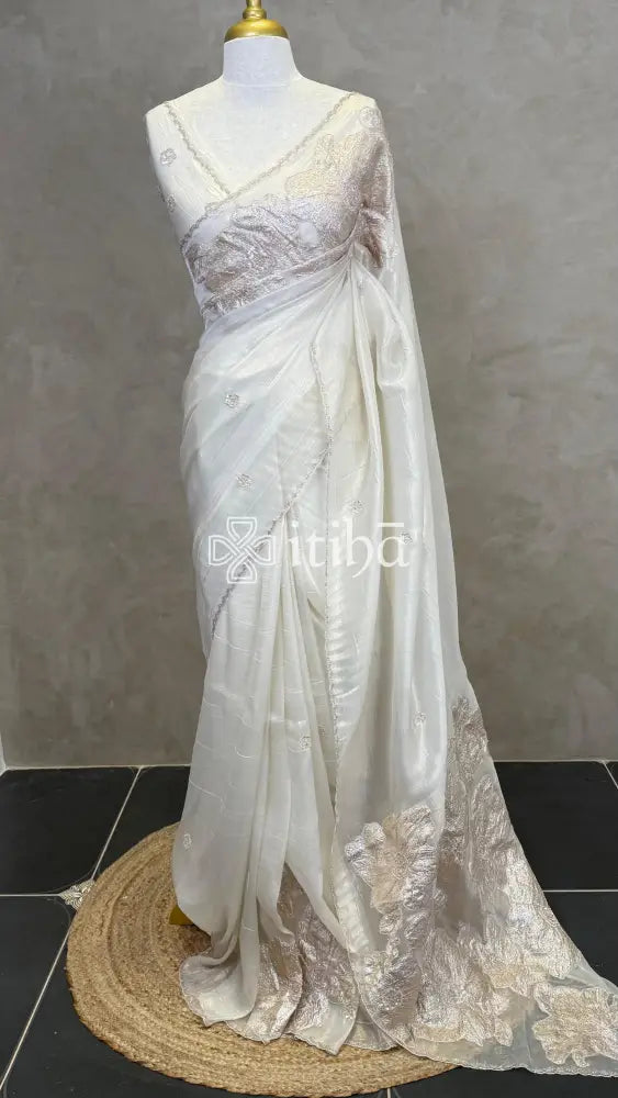 TURKISH APPLIQUE EMBROIDERY SAREE - IVORY WHITE