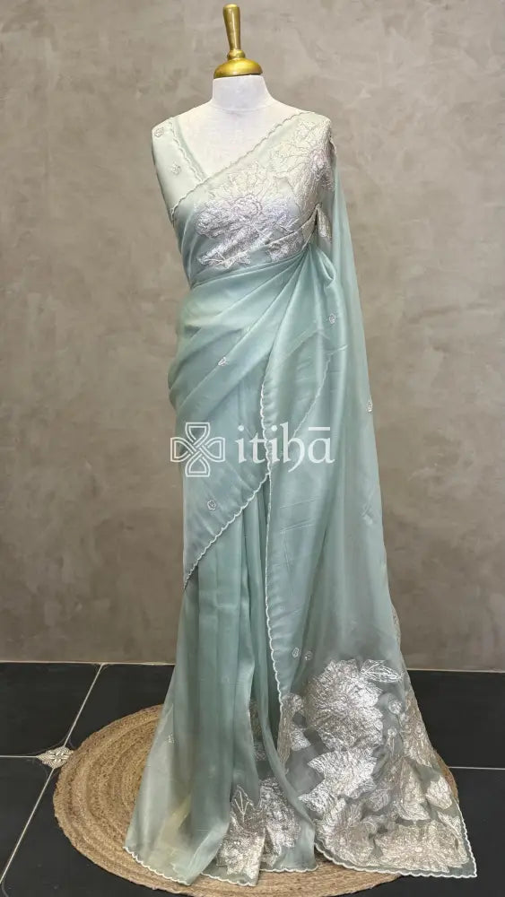 TURKISH APPLIQUE EMBROIDERY SAREE - MINT AQUA
