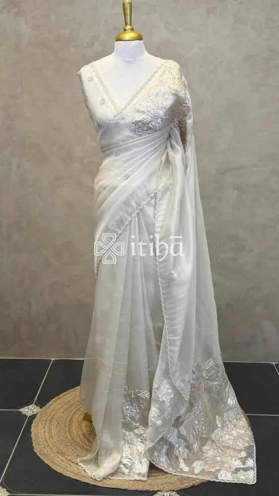 TURKISH APPLIQUE EMBROIDERY SAREE - OFF WHITE
