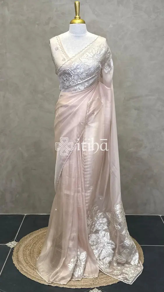 TURKISH APPLIQUE EMBROIDERY SAREE - PASTEL PEACH