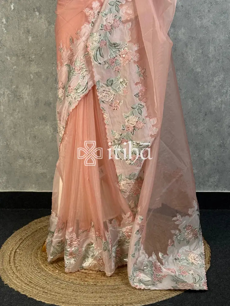 TURKISH ORGANZA APPLIQUE EMBROIDERY SAREE