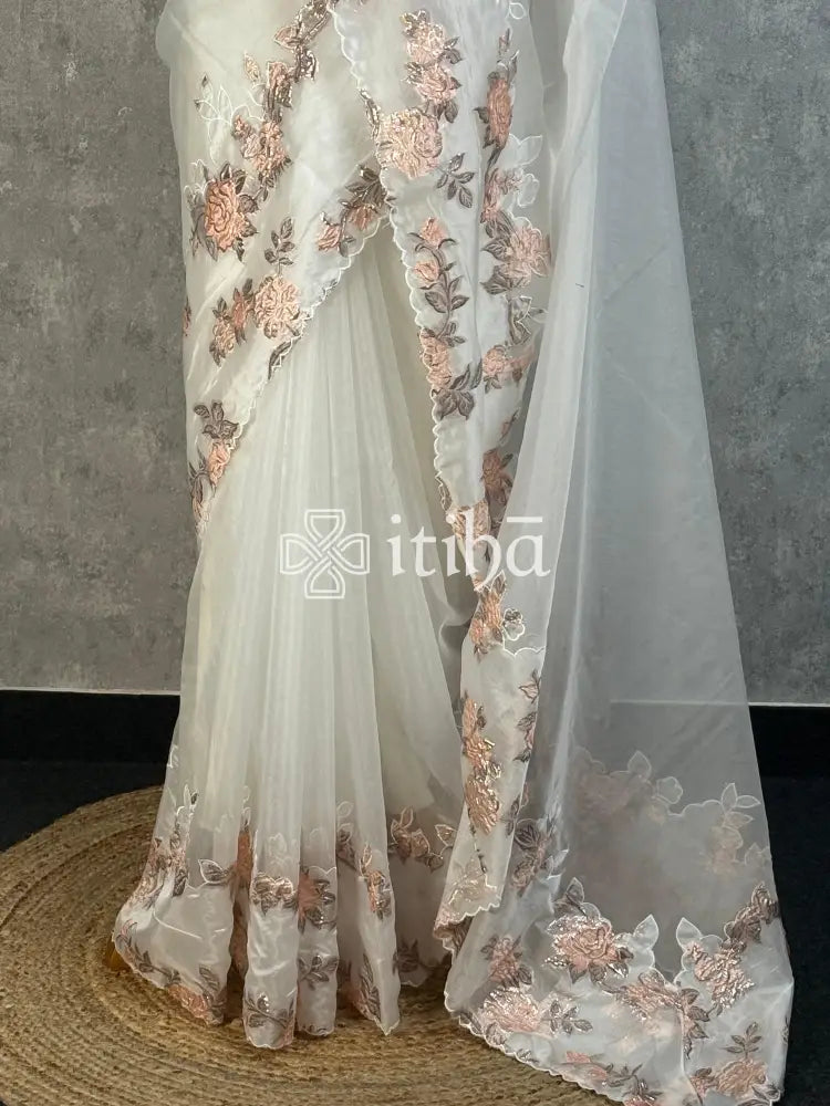 TURKISH ORGANZA APPLIQUE EMBROIDERY SAREE