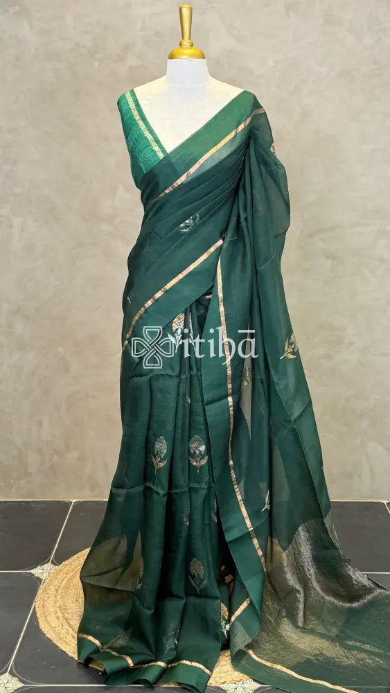 TUSSAR ORGANZA SAREE - DEEP GREEN