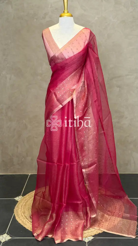 TUSSAR ORGANZA SAREE - RANI PINK