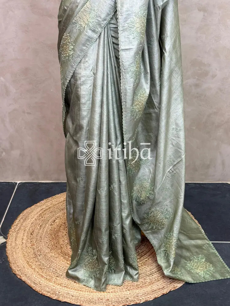 TUSSAR SILK APPLIQUE EMBROIDERY SAREE