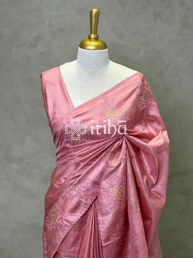TUSSAR SILK APPLIQUE EMBROIDERY SAREE