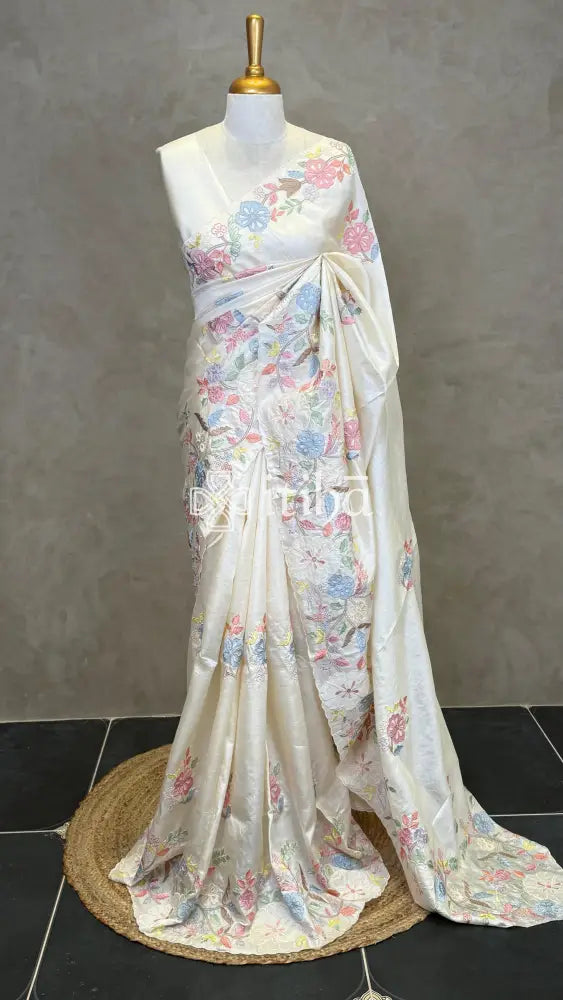 TUSSAR SILK APPLIQUE EMBROIDERY SAREE
