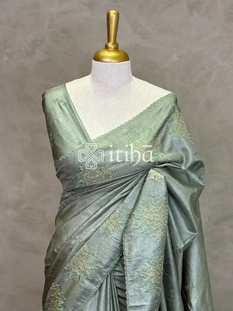 TUSSAR SILK APPLIQUE EMBROIDERY SAREE